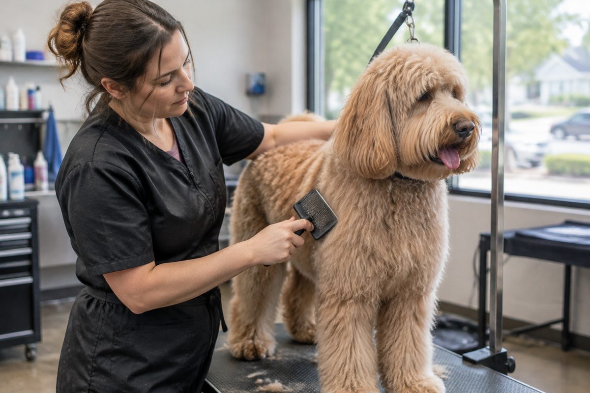 Head groomer Anna carefully brushing and styling a fluffy dog coat on grooming table