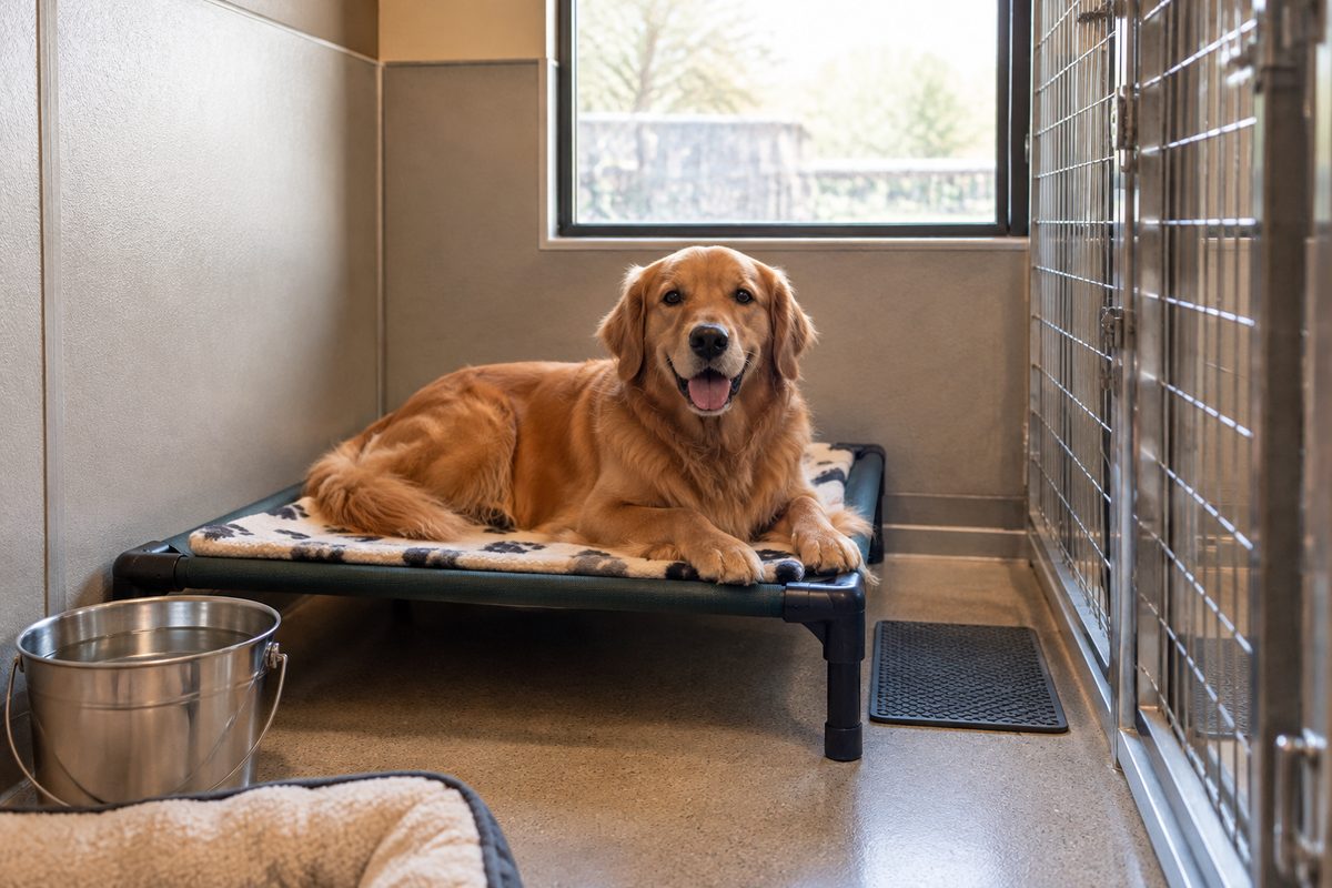 Spacious climate-controlled private boarding suite with raised cot and clean water bowl