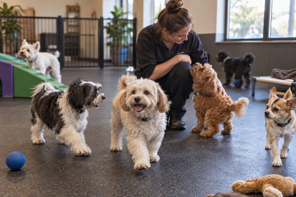 Supervised small dog daycare group relaxing on sanitary non-slip lounge flooring