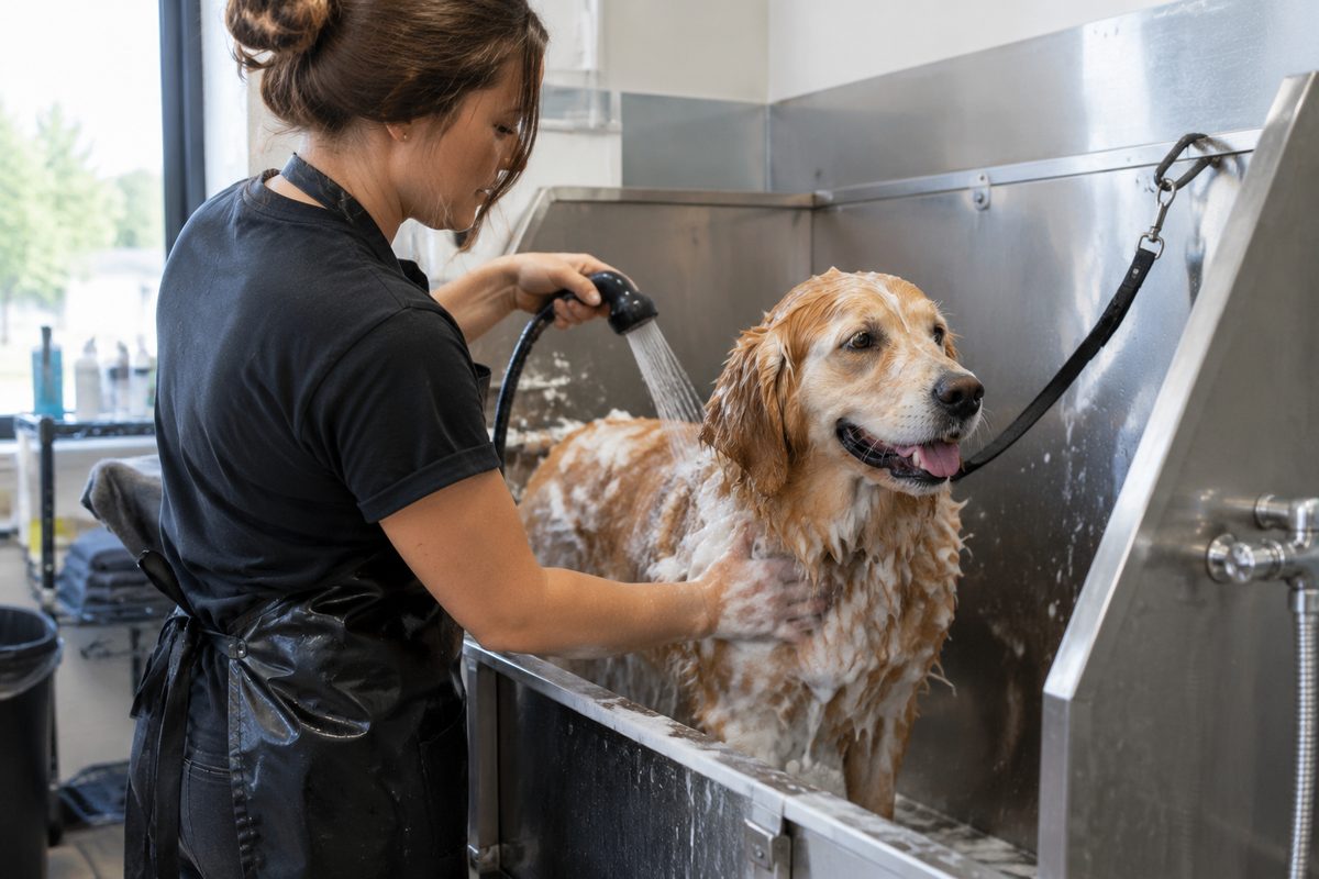 Professional canine bath with pet-safe shampoo in stainless steel wash station