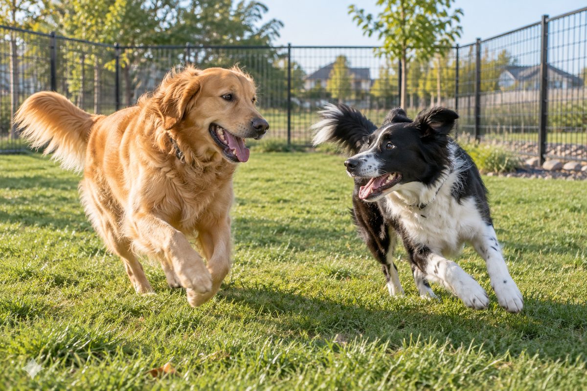 Dogs playing together in the clean outdoor play yard at Puptown Lounge