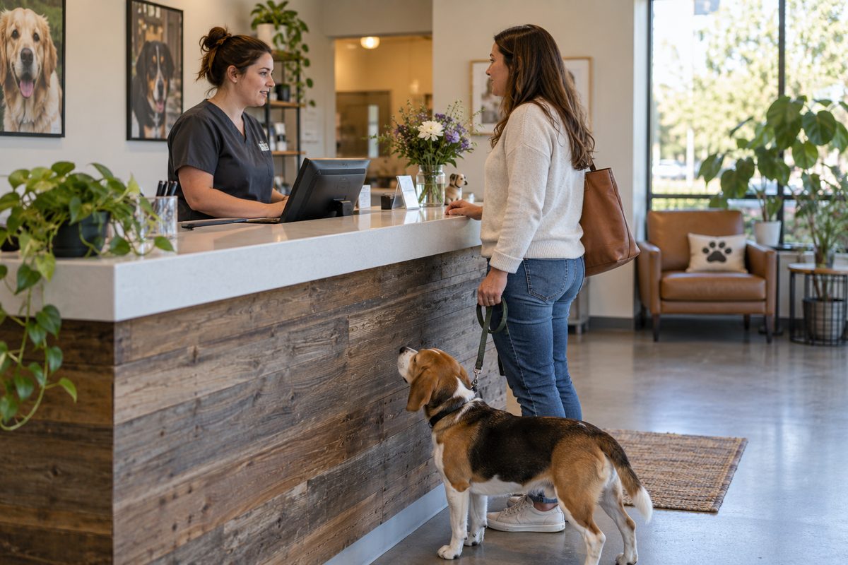 Client checking in with their leashed dog at the Hilliard reception counter