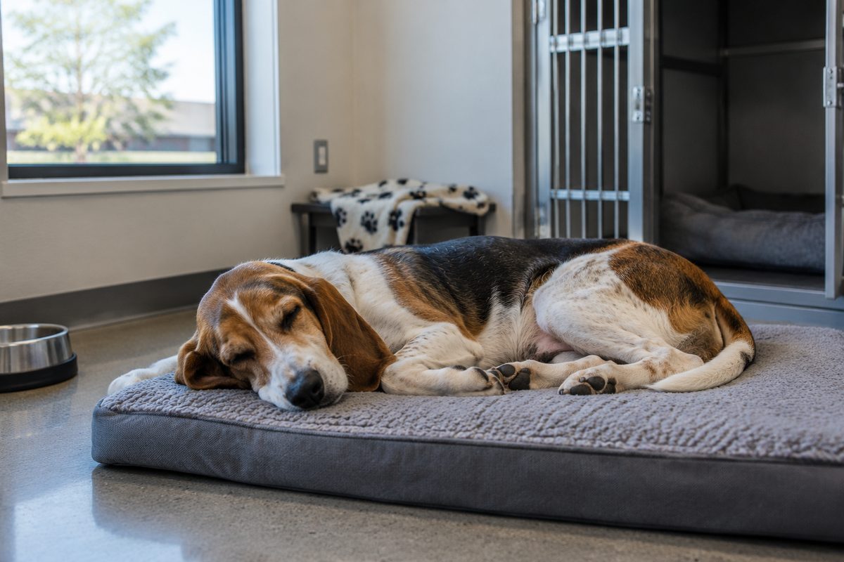 Dog resting comfortably on an orthopedic mat during afternoon quiet hours