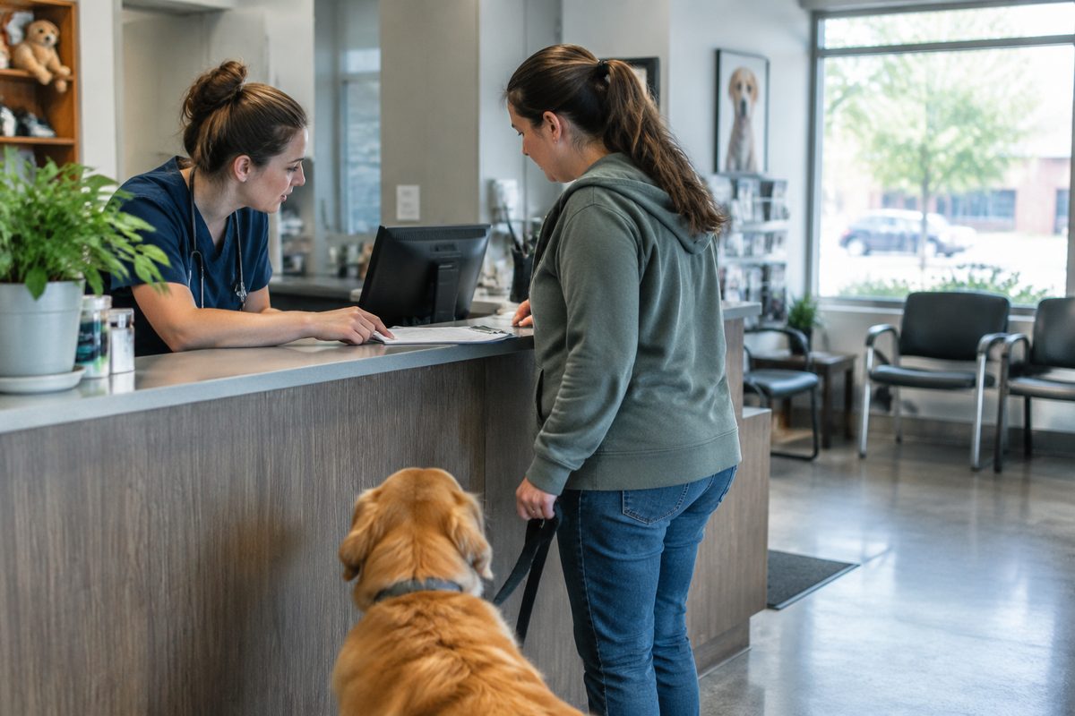 Attendant greeting owner and reviewing intake health charts at service lobby station